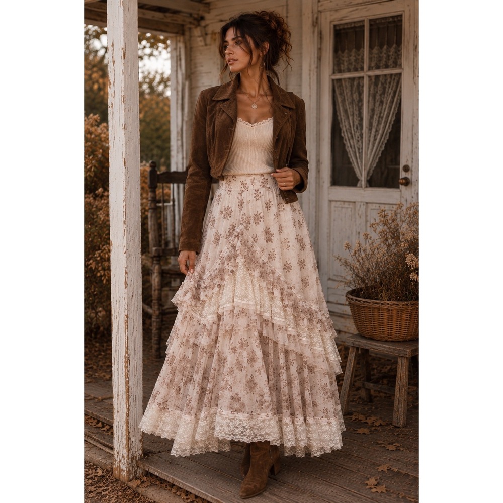 Altard State Bellani Floral Tiered Lace Maxi Skirt Ivory Mocha XL NEW